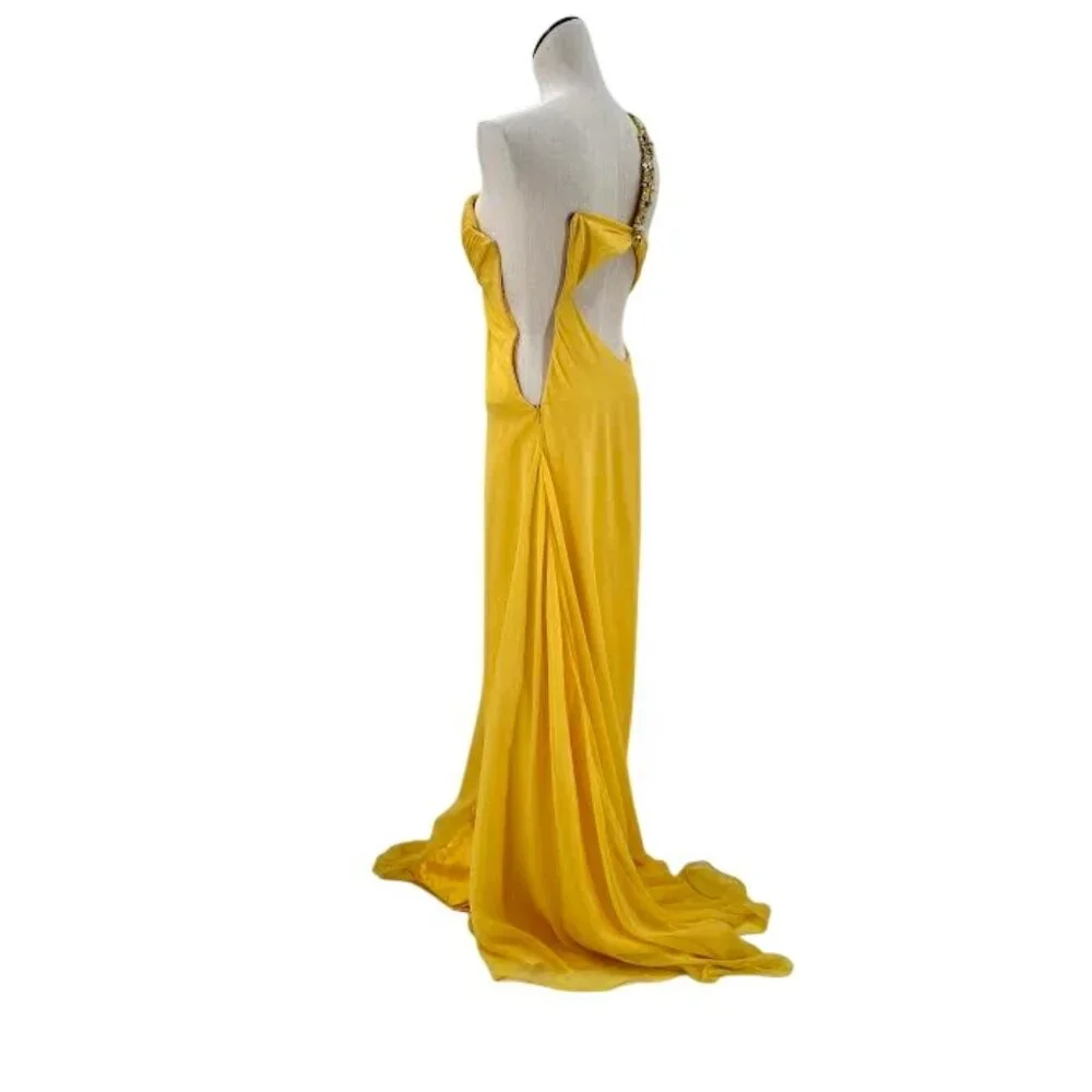 Sunshine Yellow Chiffon Draped Asymmetrical Strap Formal Gown - Picture 4 of 8